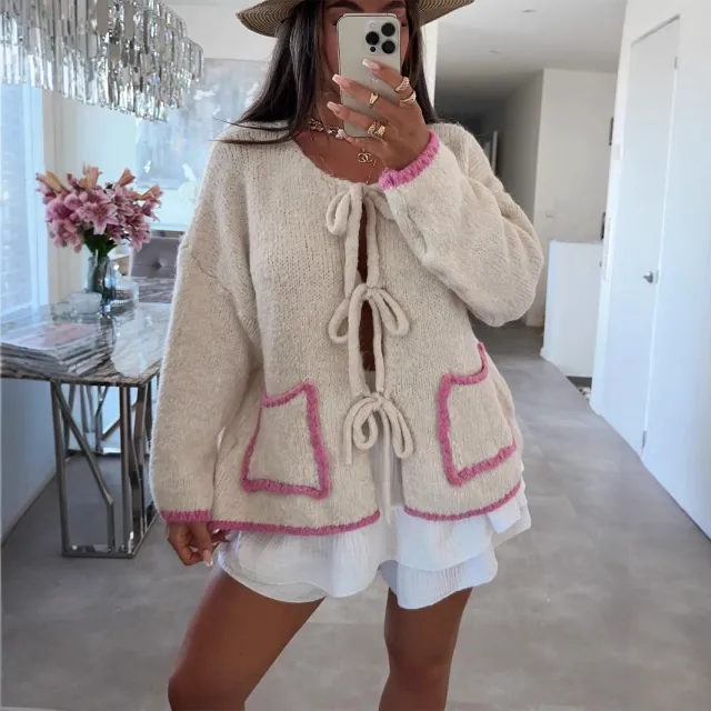 Women's Contrast Color Elegant Fashion Casual Loose Front Lace up Pocket Knitted Cardigan Beige - Shop at LoveMi