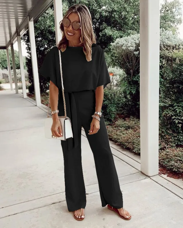 Women's Loose Casual Lace Up Jumpsuit Short Sleeve Black - Shop at LoveMi