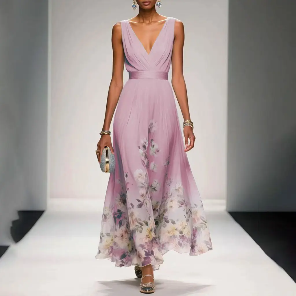 Sexy Vest Chiffon Printed Dress - Pink