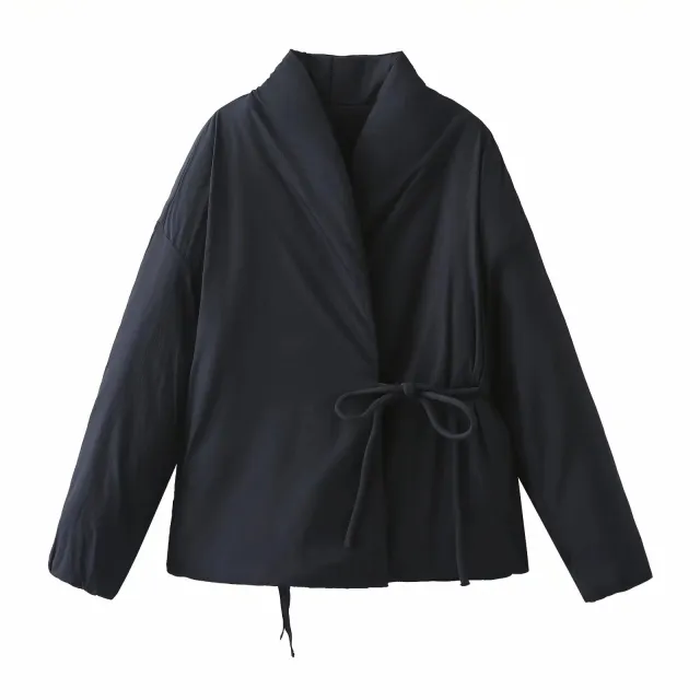 Double Breasted Kimono Niche Design Lace up Cotton Coat Jacket Black - Shop at LoveMi