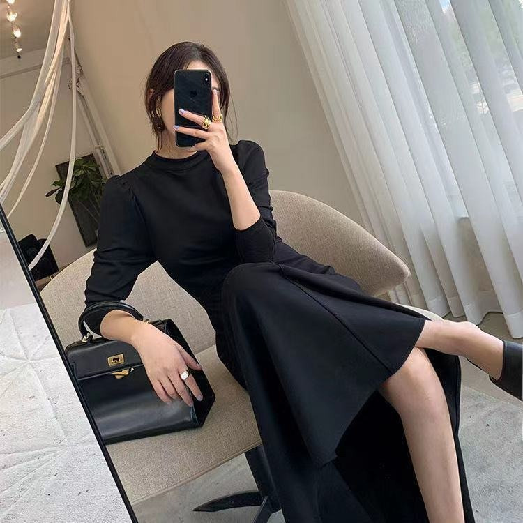 Womens Solid-Color Casual Long-Sleeve Swing Dress - Image 1