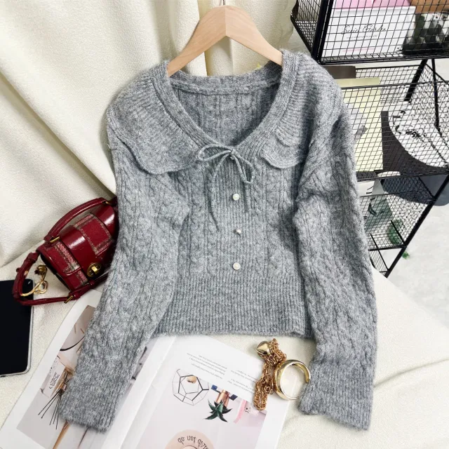 Women's Solid Color Flared Collar Sweet Retro Sweater Gray - Shop at LoveMi