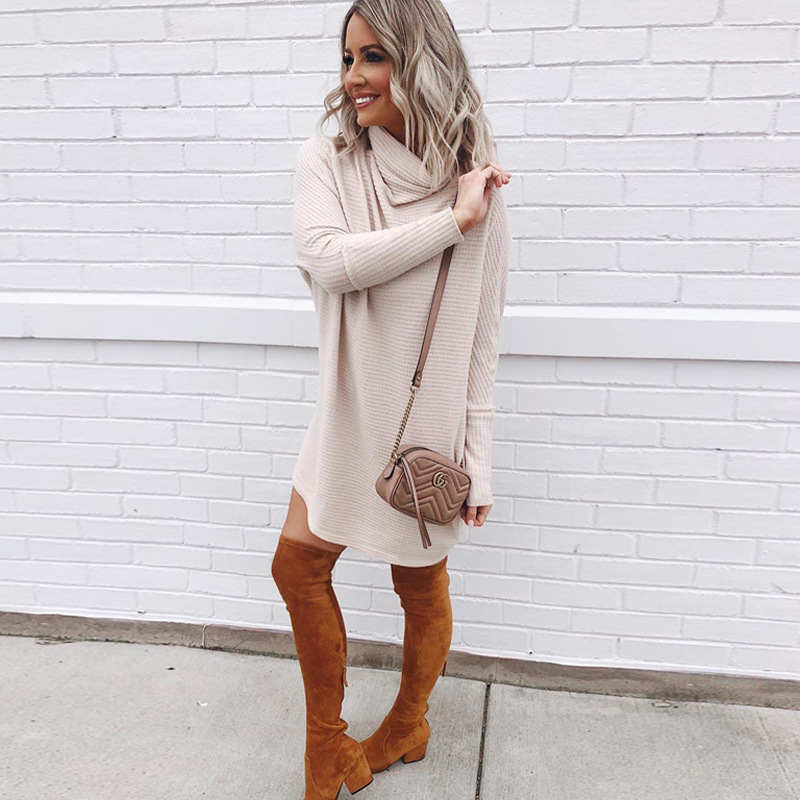 Knitted Long Sleeve Pile Collar Dress