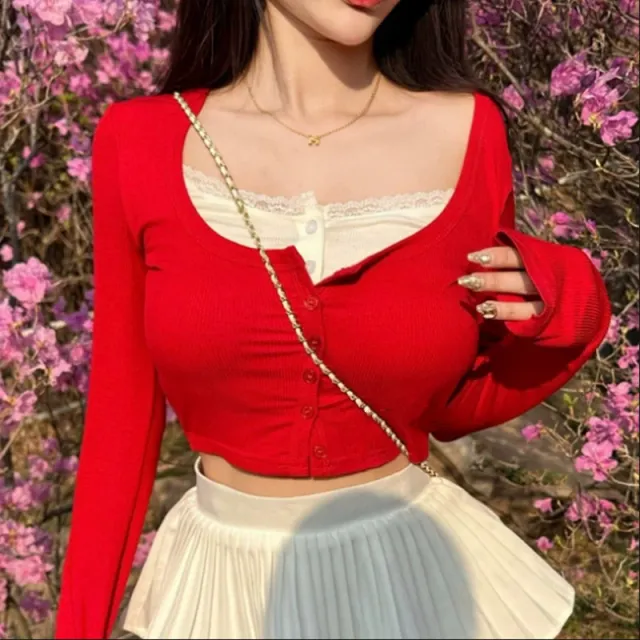 Pure Desire Lace Fake Two piece Buttoned Bottoming Shirt Red - Shop at LoveMi