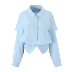 Women's Slim Fit Backless Striped Long-sleeved Shirt - Blue - View 1