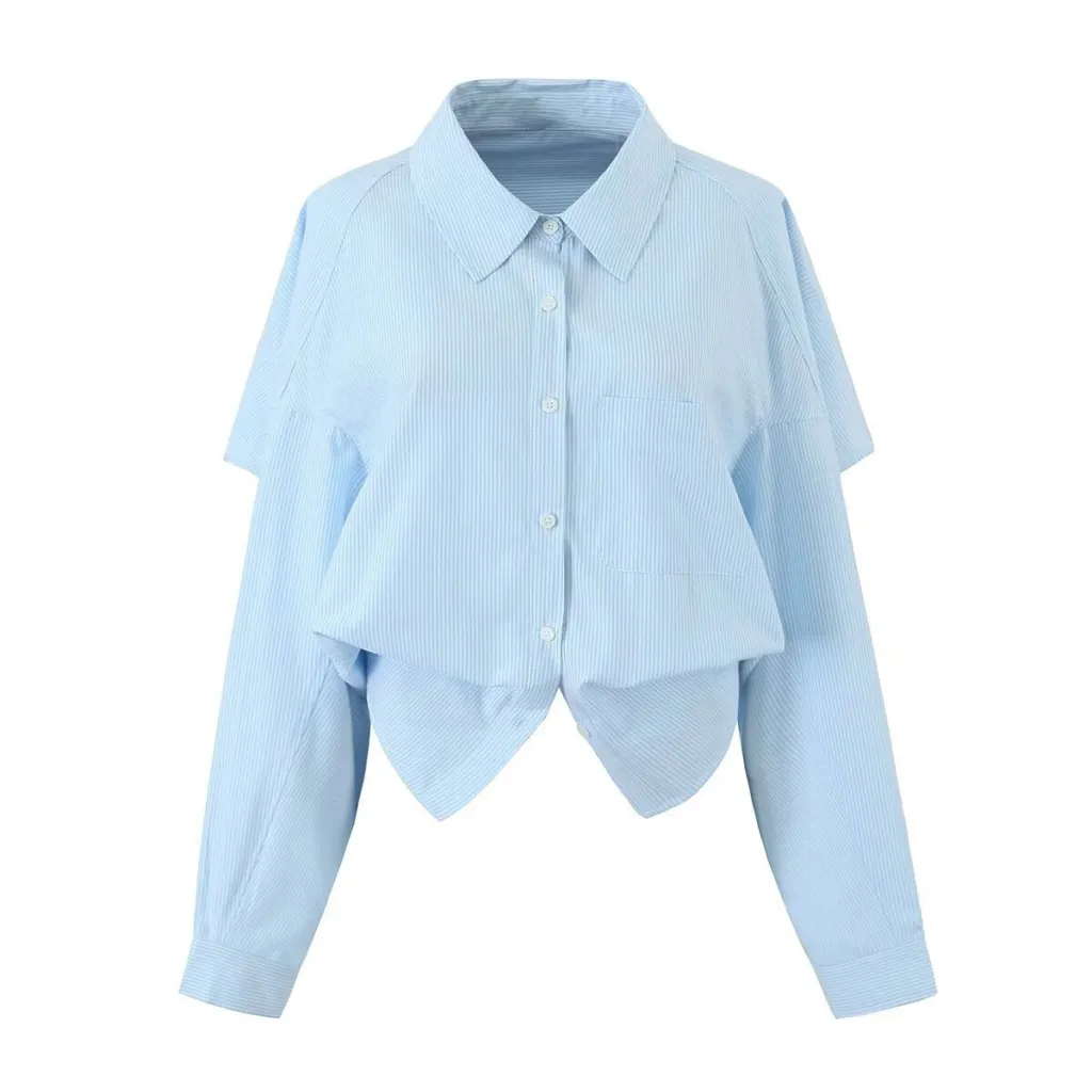 Women's Slim Fit Backless Striped Long-sleeved Shirt - Blue