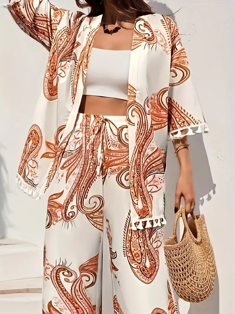 Women's Loose-fit Printed Outfit Cardigan With Fringed Hem And Wide-leg Pants Set - Image 6
