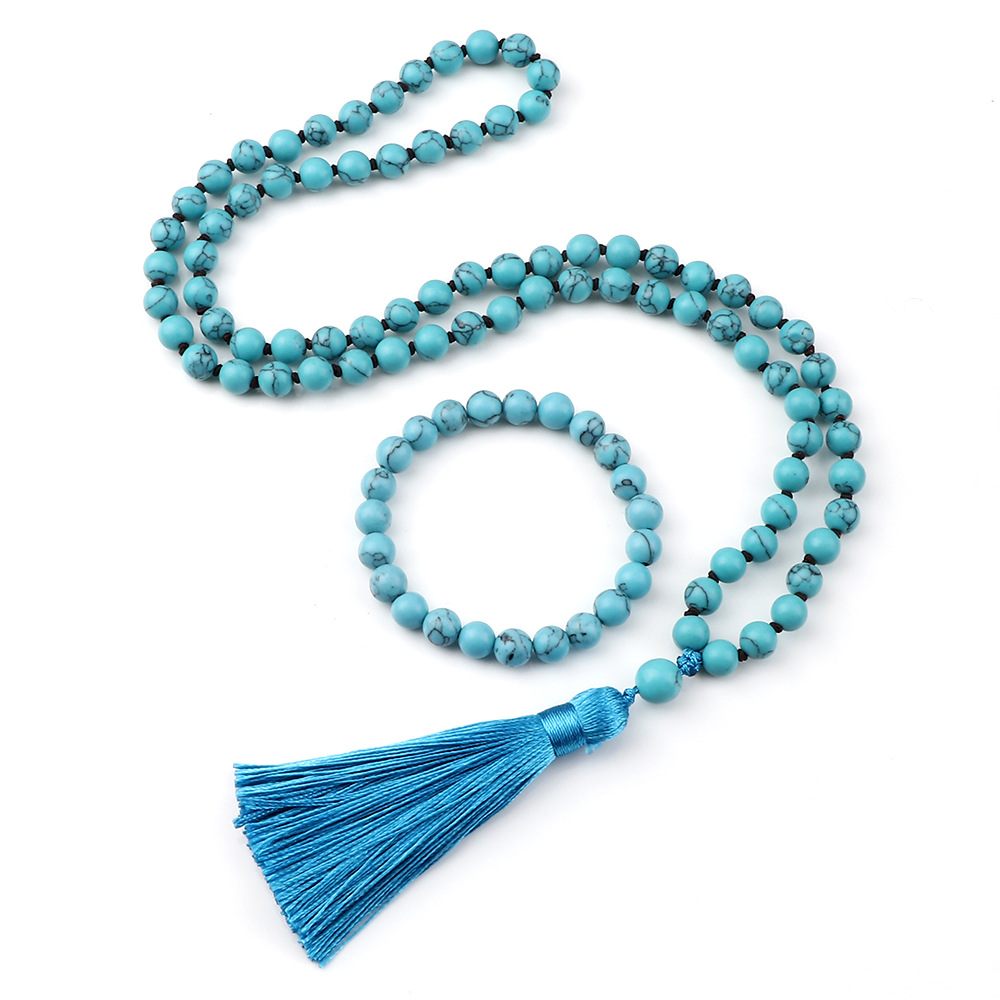 Retro New Chinese Style Turquoise Beaded Multi-circle Bracelet And Necklace Set