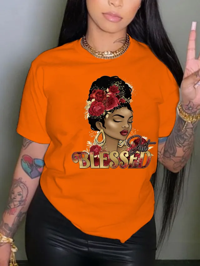 Women's Printed Letter Round Neck T shirt Orange - Shop at LoveMi