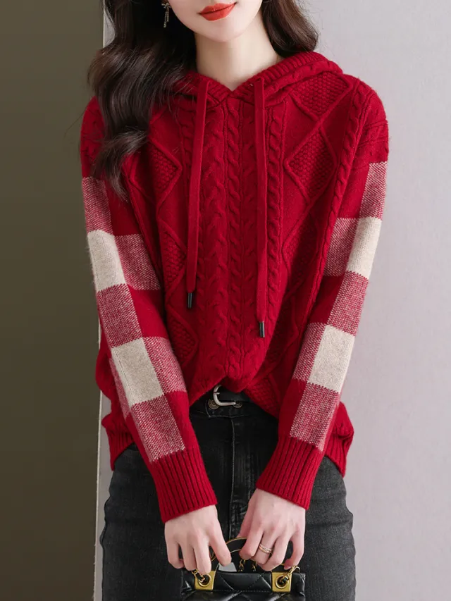 Women's Sweater Idle Style Casual Hooded Loose Sweater Long Sleeve Wine Red - Shop at LoveMi