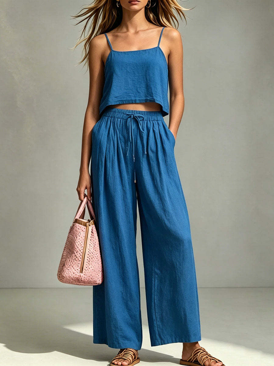 Women's matching camisole and wide-leg pants set in blue – lifestyle styling