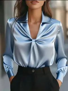 Autumn Fashion Temperament Solid Colour Satin Pleated Long Sleeve Shirt Women - Sky Blue - View 1