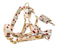 Red Cherry Printed Pet Collar Traction Rope Light Gold Release Buckle Cute Bow Strap - Five Pieces - View 1