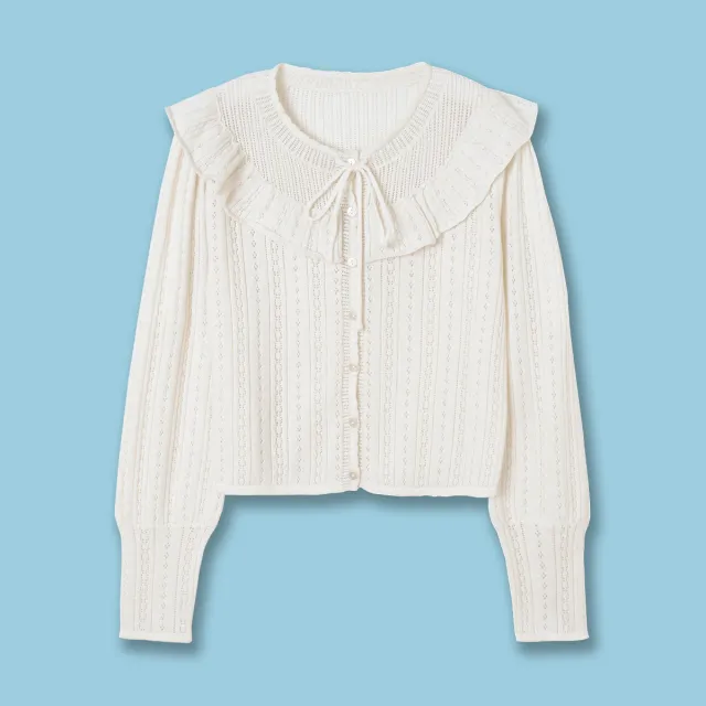 Solid Color Round Neck Hollow Lace Knitted Cardigan Top White - Shop at LoveMi