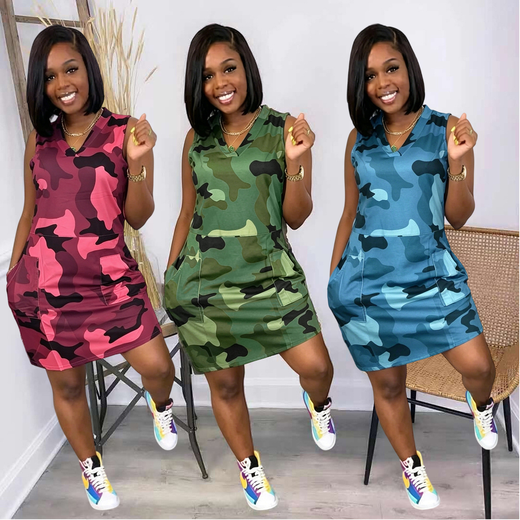 Casual Fashionable And Unique Sleeveless Camouflage Dress