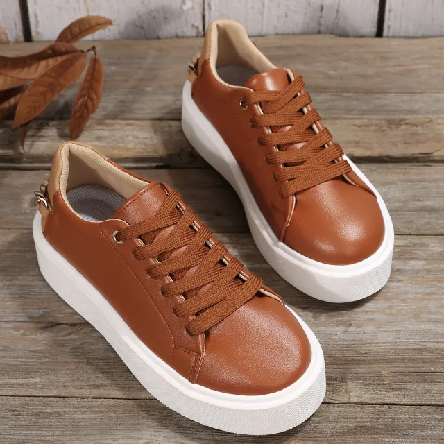 Round Head Cross Strap Thick Bottom Casual Low top Sneakers Chain Pumps Brown - Shop at LoveMi