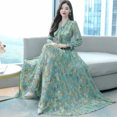 Elegant Slim Fit Below The Knee Bow V-neck Jacquard Maxi Dress - Green - View 1