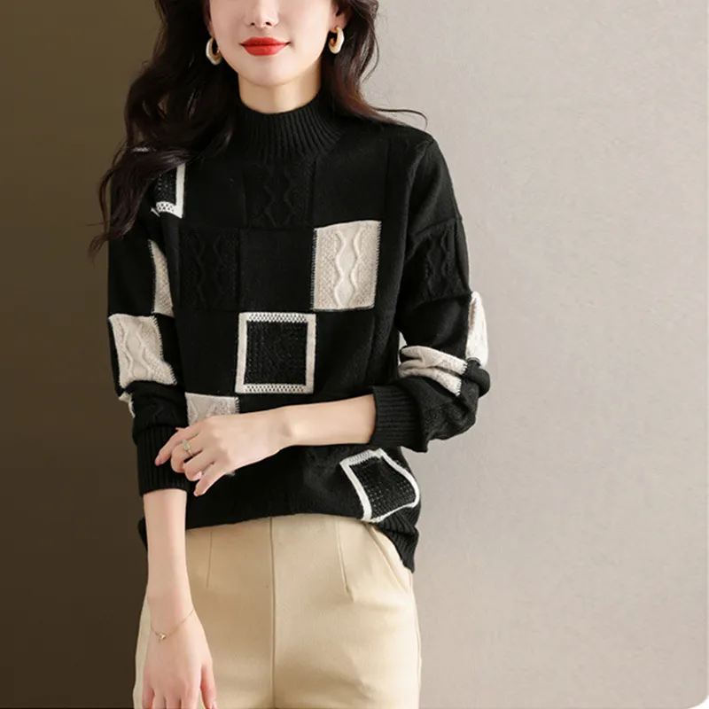 Autumn And Winter Extra Large Size Mock Neck Sweater Women's Loose - Black