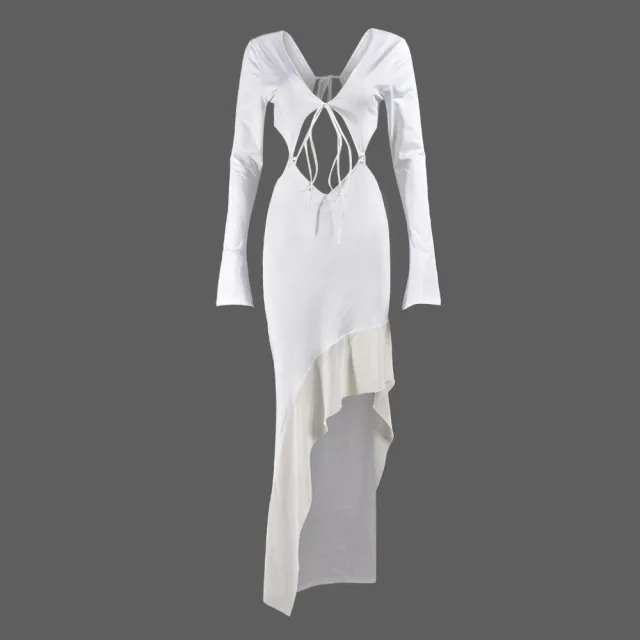 Women's Chest wrapped Long Sleeve V neck Lace up Long Dress White - Shop at LoveMi
