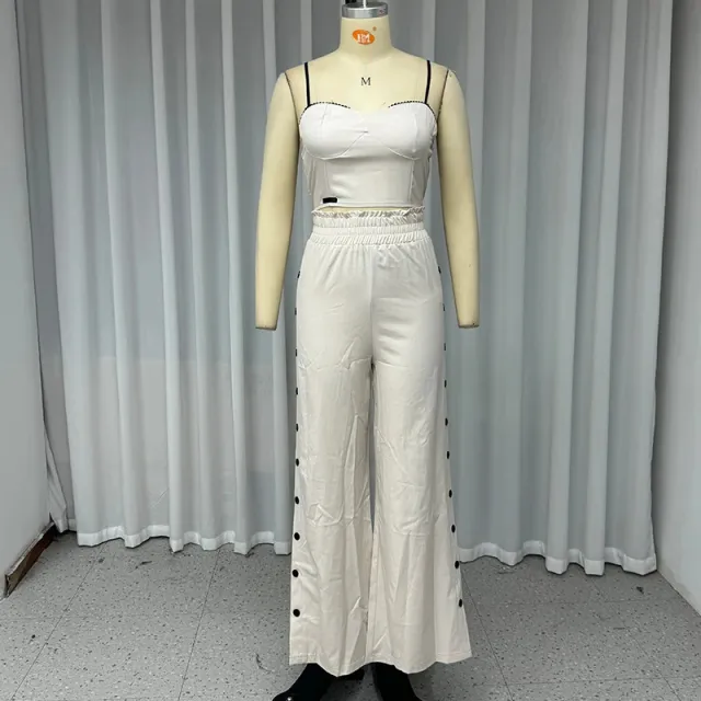 Two piece Elastic Waist Wide leg Trousers With Suspenders Milky White - Shop at LoveMi