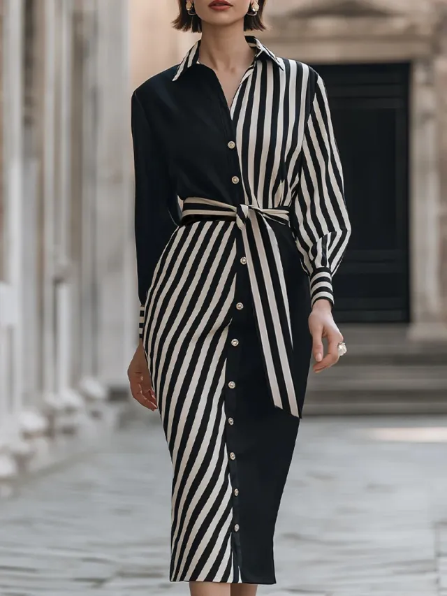 Lapel Shirt Commuter style Striped Print Waist cinching Dress Black - Shop at LoveMi