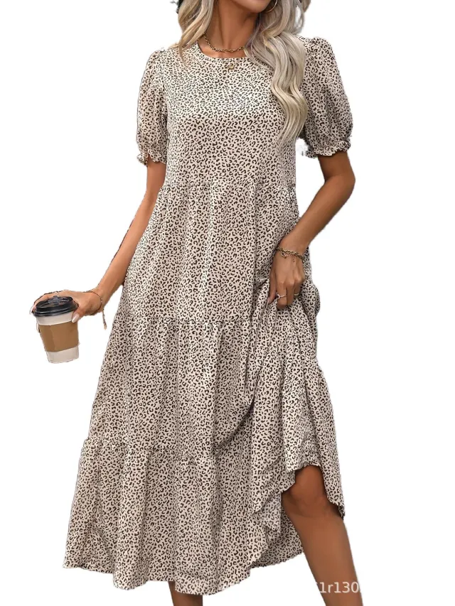 Casual Bohemian Dress Leopard Print Floral Print Pleated Puff Sleeve Jumpsuit Apricot - Shop at LoveMi