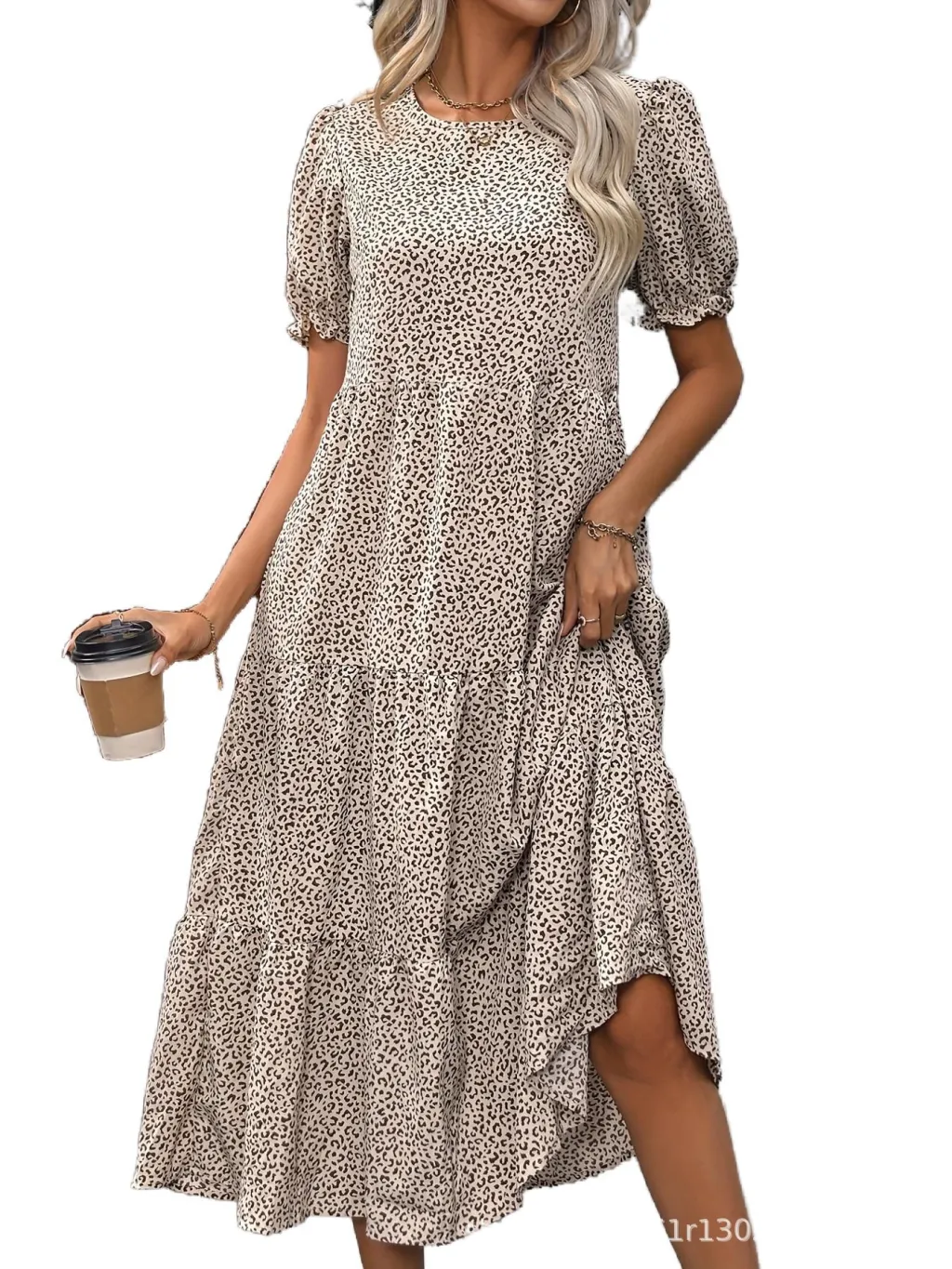 Casual Bohemian Dress Leopard Print Floral Print Pleated Puff Sleeve Jumpsuit - Apricot
