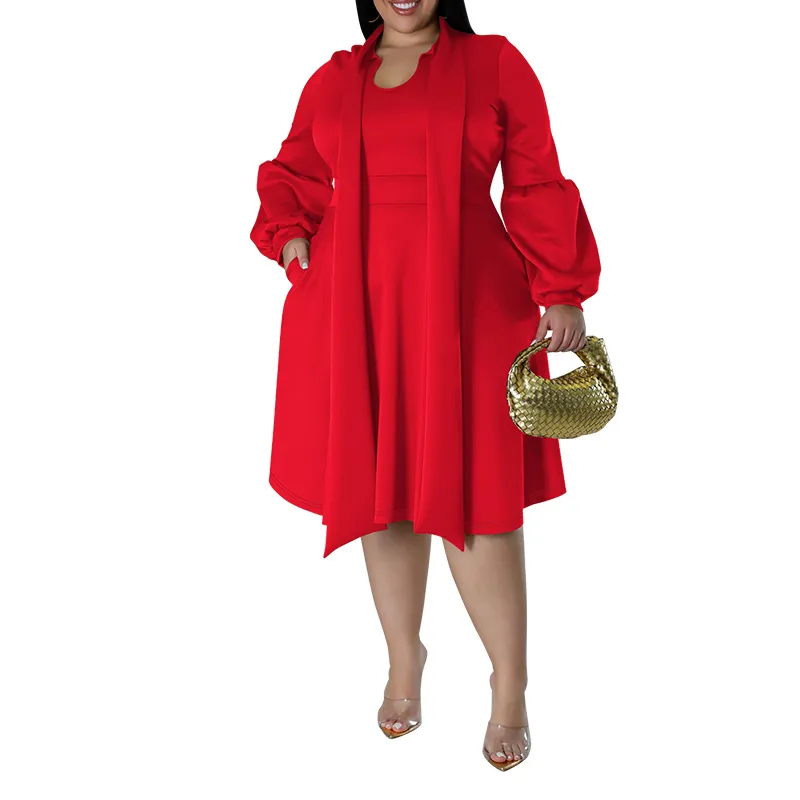 Long-sleeved Bubble Sleeve Midi Dress - Red