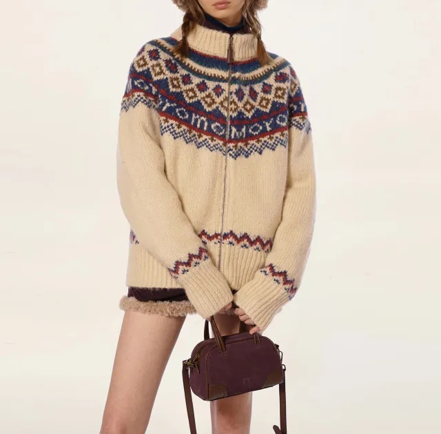Retro College Lazy Stand Collar Sweater Apricot - Shop at LoveMi