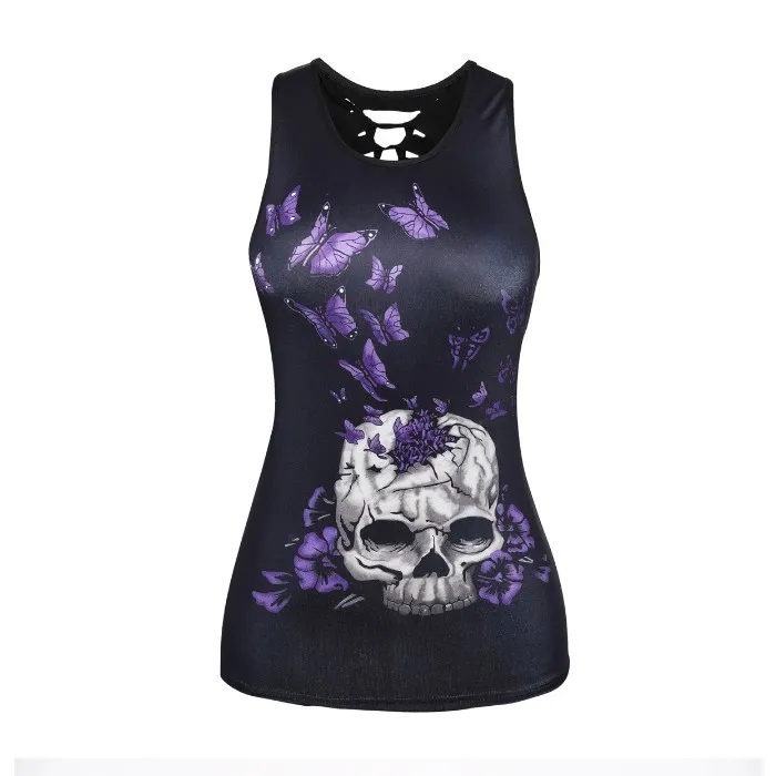 Women's Fashion Skull Digital Print Back Cutout Tank Top - 16