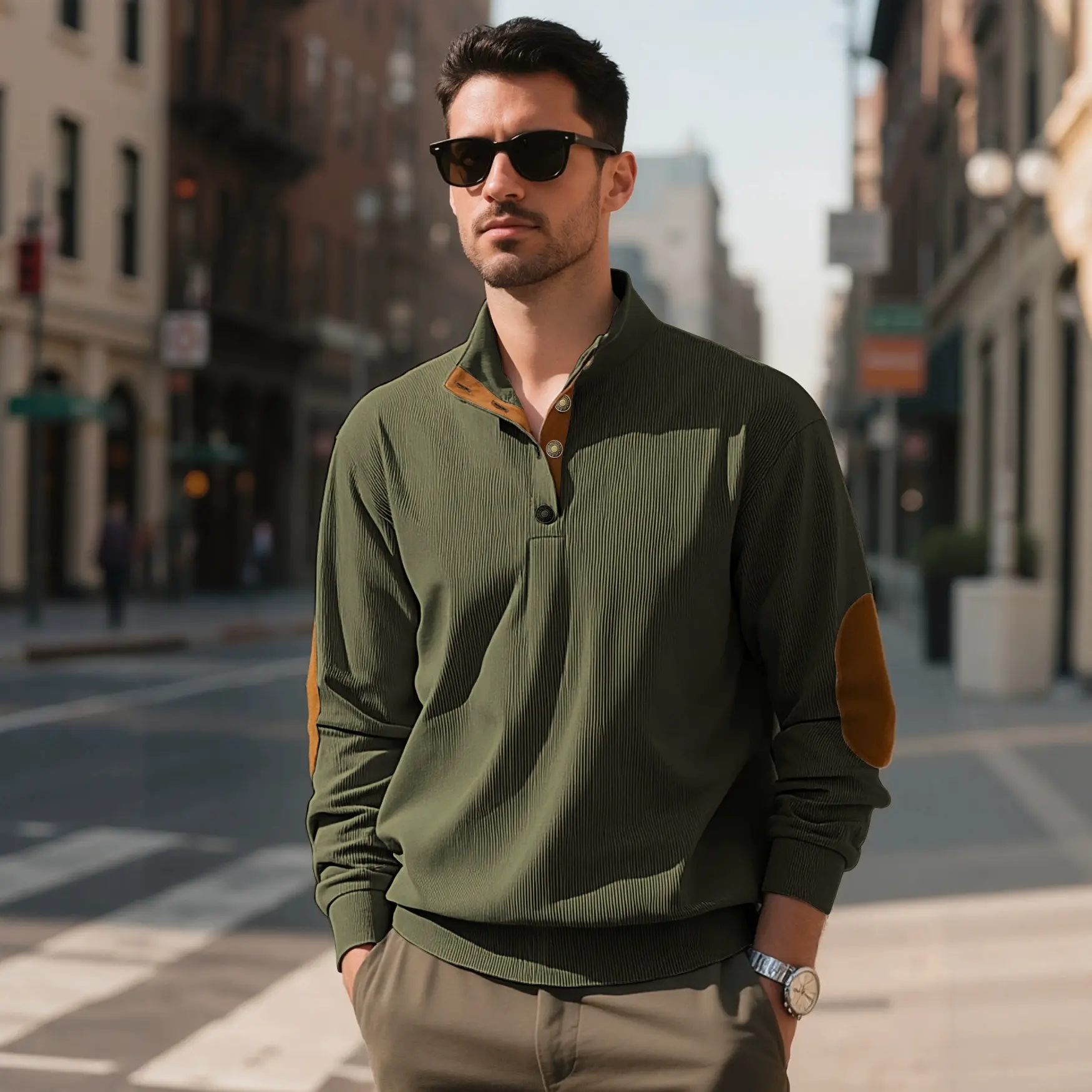Mens Corduroy Pullover Long-Sleeve Casual American-Style Loose-Fit