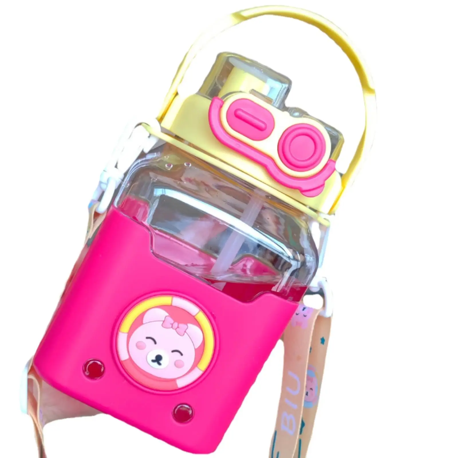 Cute Cartoon Square Straw Cup Portable Water Bottle With Strap