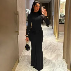 Fashionable Elegant Slim-fit Pleated Round-neck Long-sleeved Dress - Black - View 1