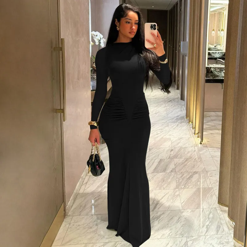 Fashionable Elegant Slim-fit Pleated Round-neck Long-sleeved Dress - Black