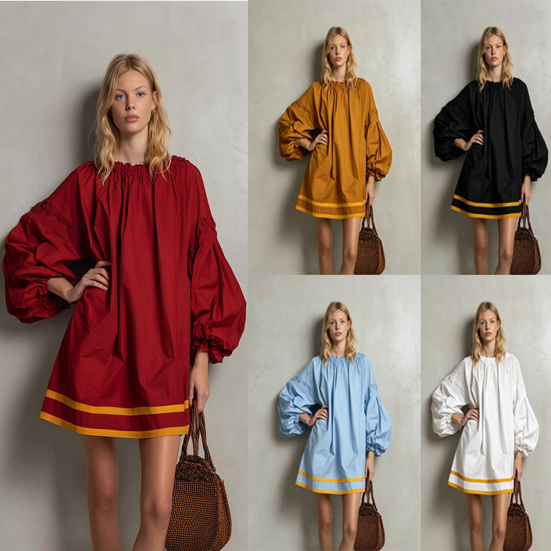 Crew-neck Puff-sleeved Color-block Cropped Vacation-style Baby-doll Dress
