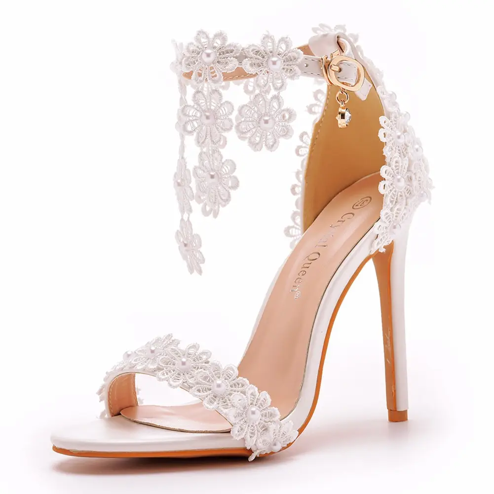 White Floral Tassel High Heel Sandals with Buckle Strap