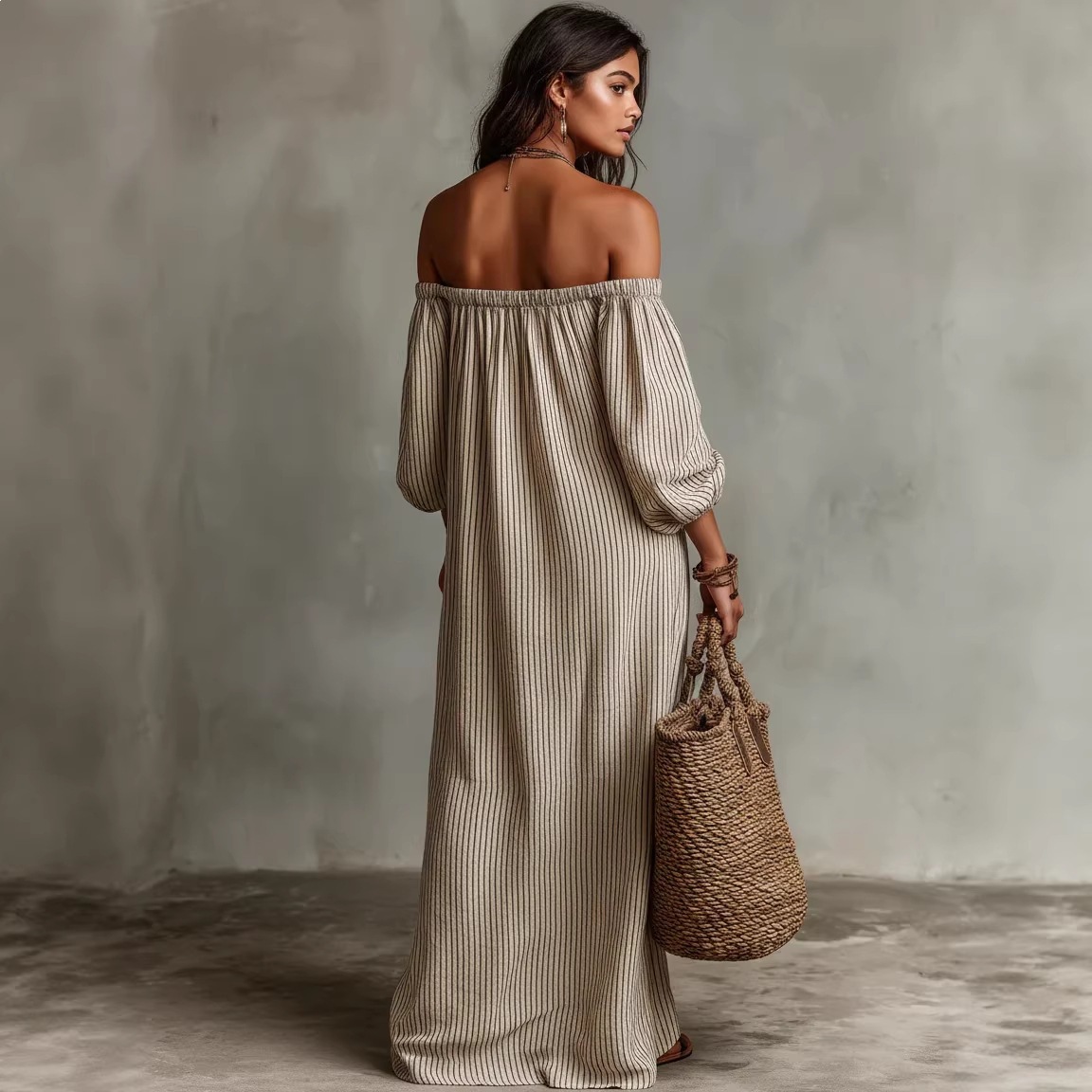 Women's off-shoulder maxi dress in light blue, full length view