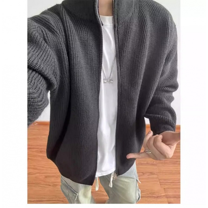 Gray Zip Front Sweater With A Dropped Shoulder