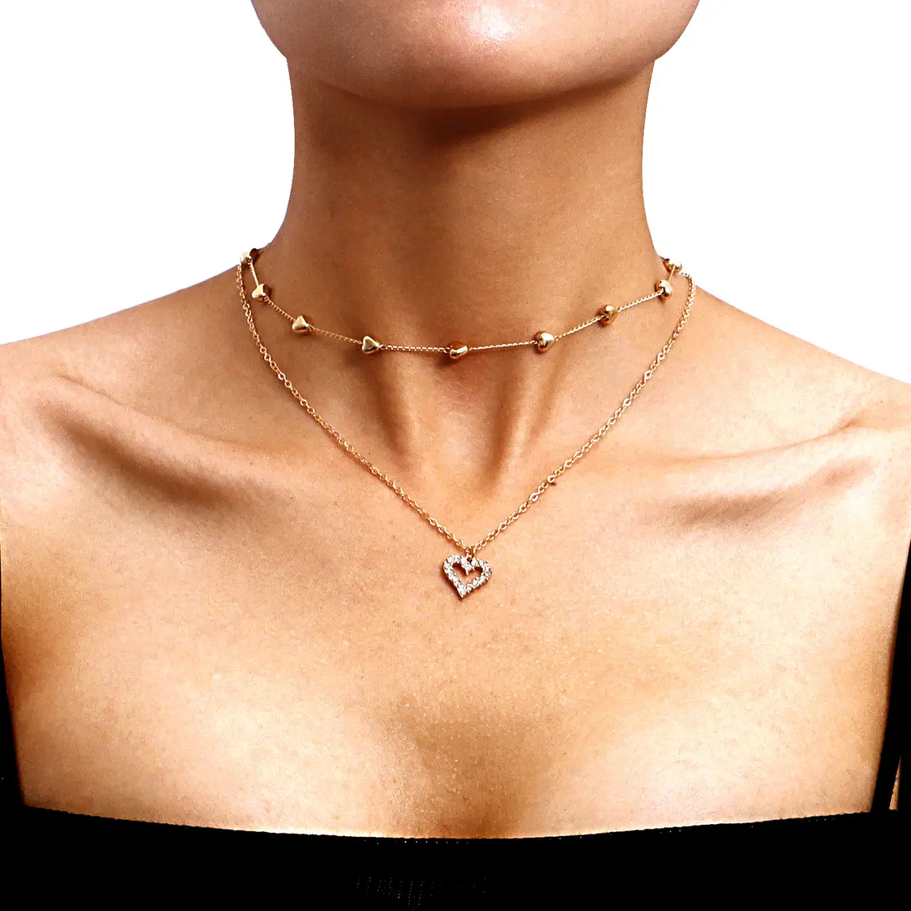 Double-layer Heart Pendant Fine Chain Necklace for Women Multilayer Gold Color