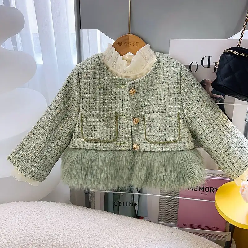 Winter New Girls' Fleece-lined Splicing Coat Shorts Two-piece Set