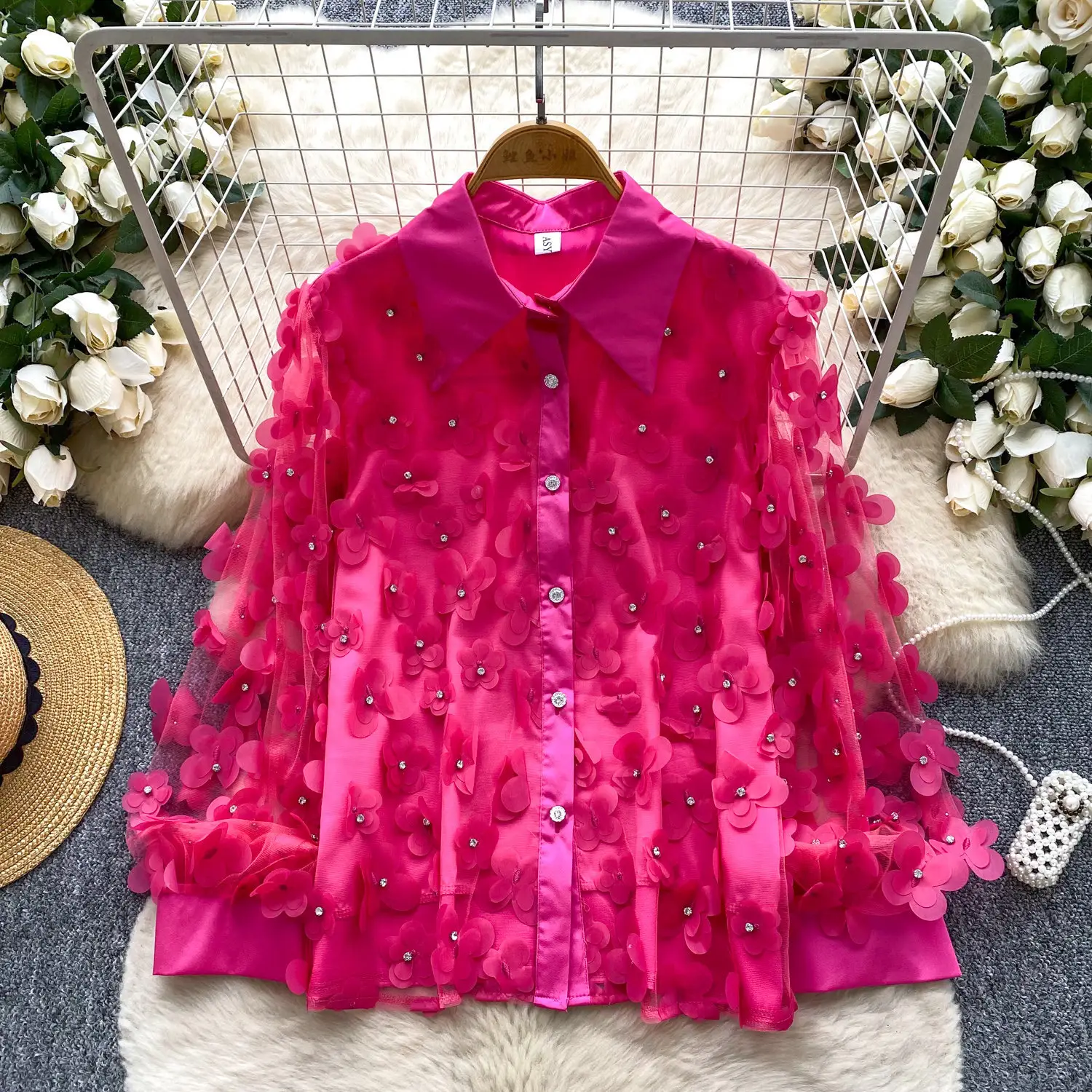Women's Heavy-Weight Stud-and-Diamond Embroidered 3D Flower Mesh