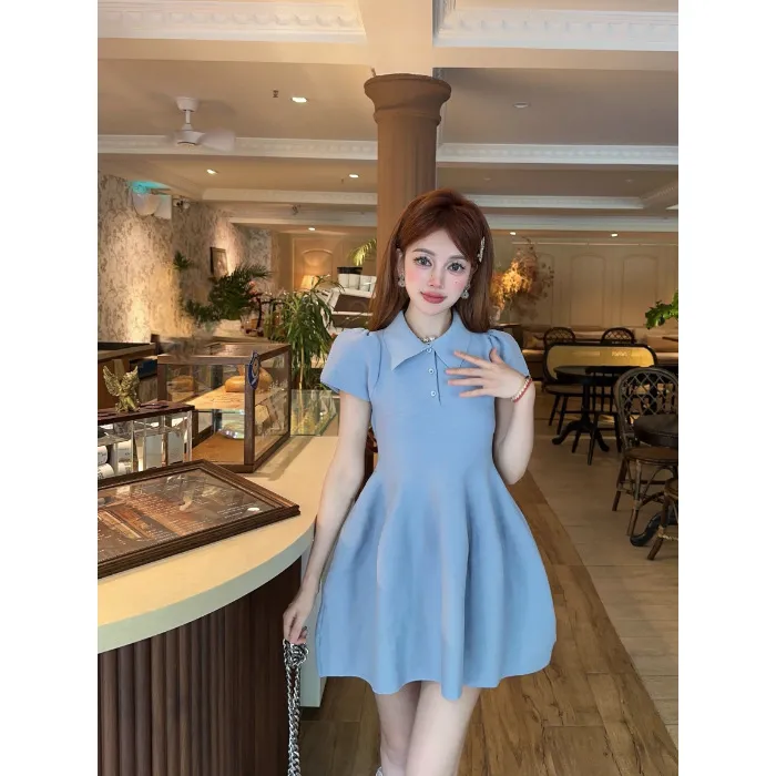 Design Waist Slimming Puffy A- Line Skirt - Blue