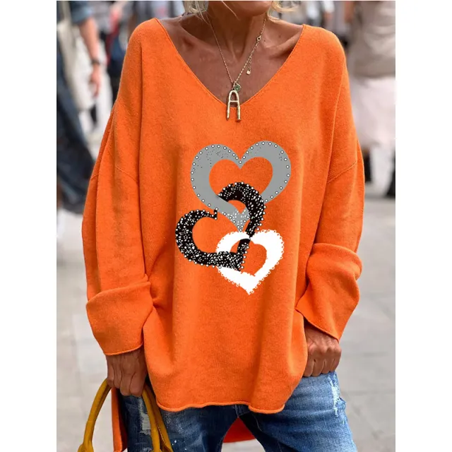 Solid Color And V neck Long Sleeve Loose Casual And Comfortable Top Orange - Shop at LoveMi