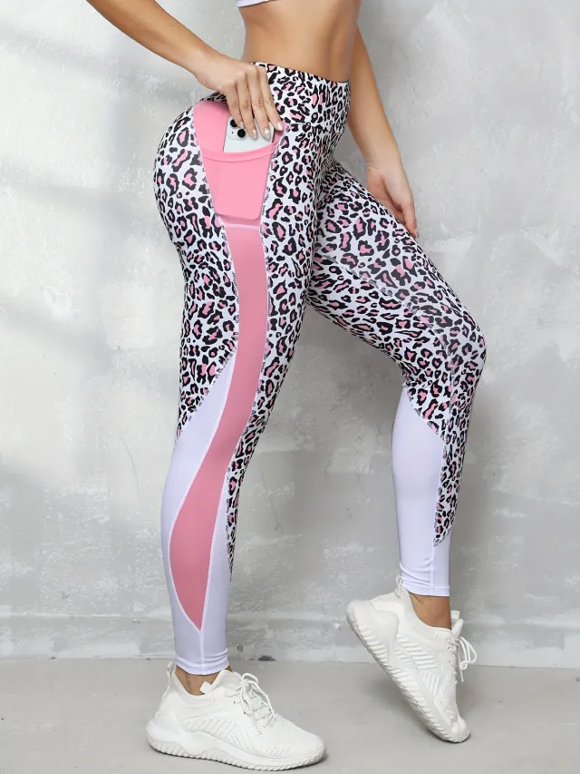 Contrast Color High Waist Tight Printed Leggings Pink Leopard Print - Shop at LoveMi