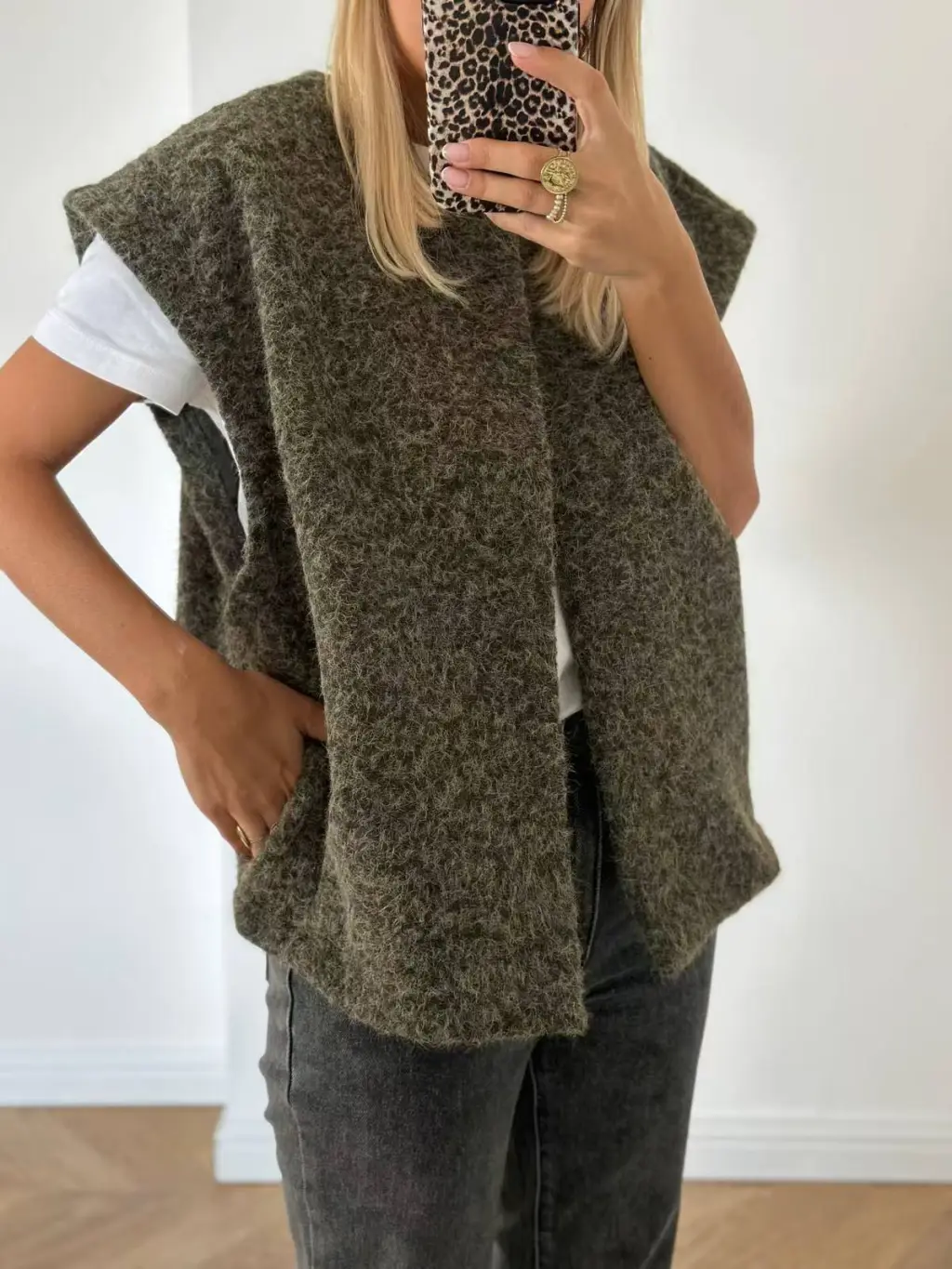 V-neck Double-sided Hand-stitched Wool Overcoat Vest - Olive