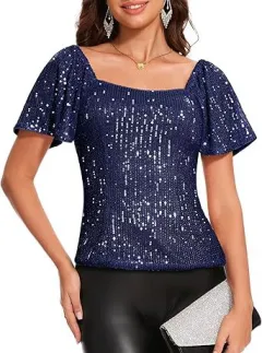 Women's Square Collar Fashion Short Sleeve Sequins Puff Sleeve Shirt - Blue - View 1