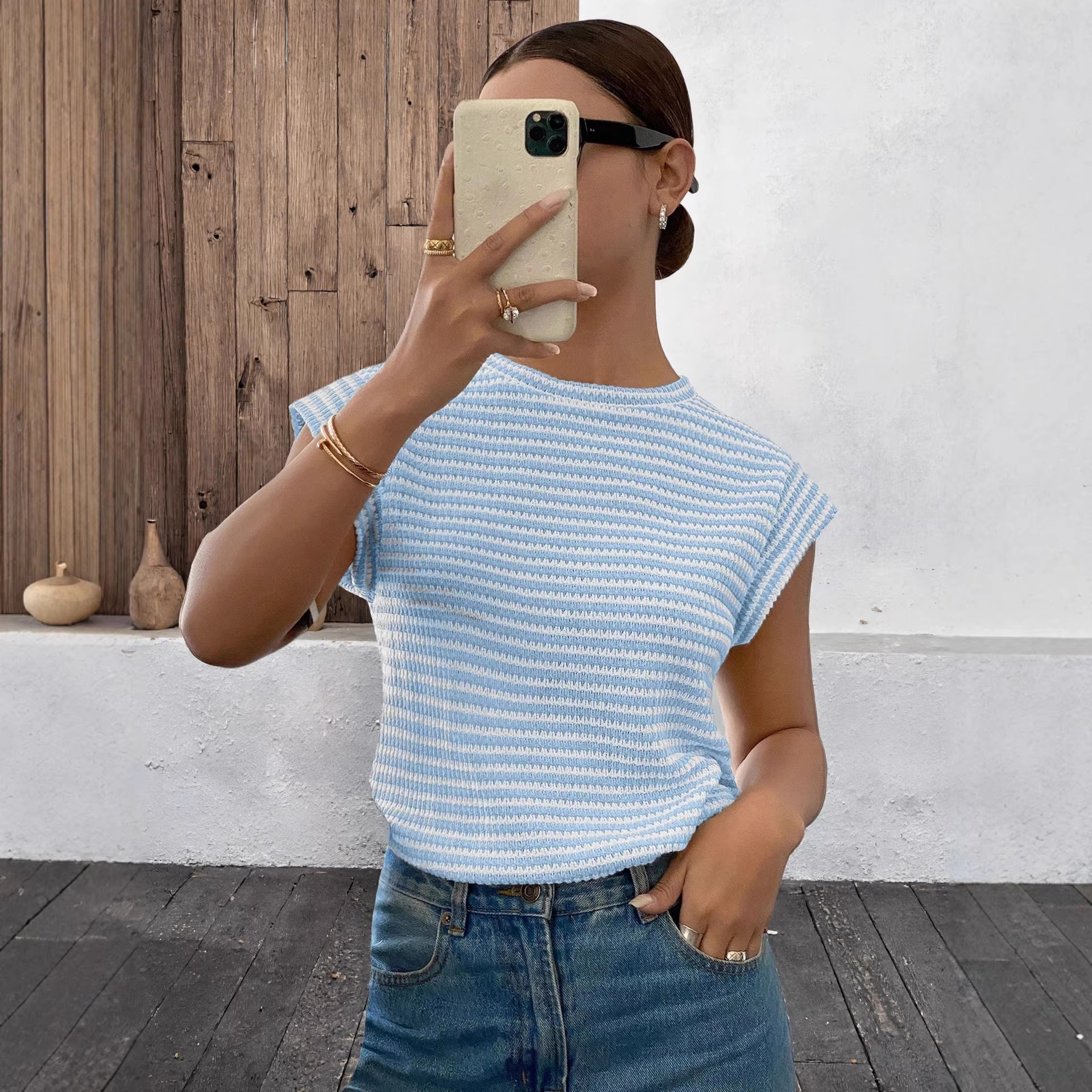 Womens Casual Crew-Neck Sleeveless Hollow-Out T-Shirt