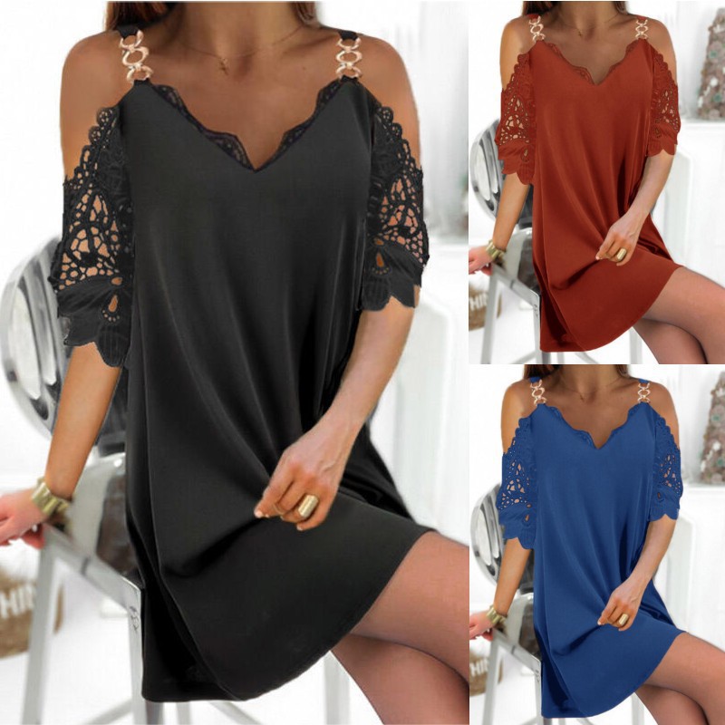 Lace Three-quarter-sleeve Straight-line Elegant Waist-cinched V-neck Dress