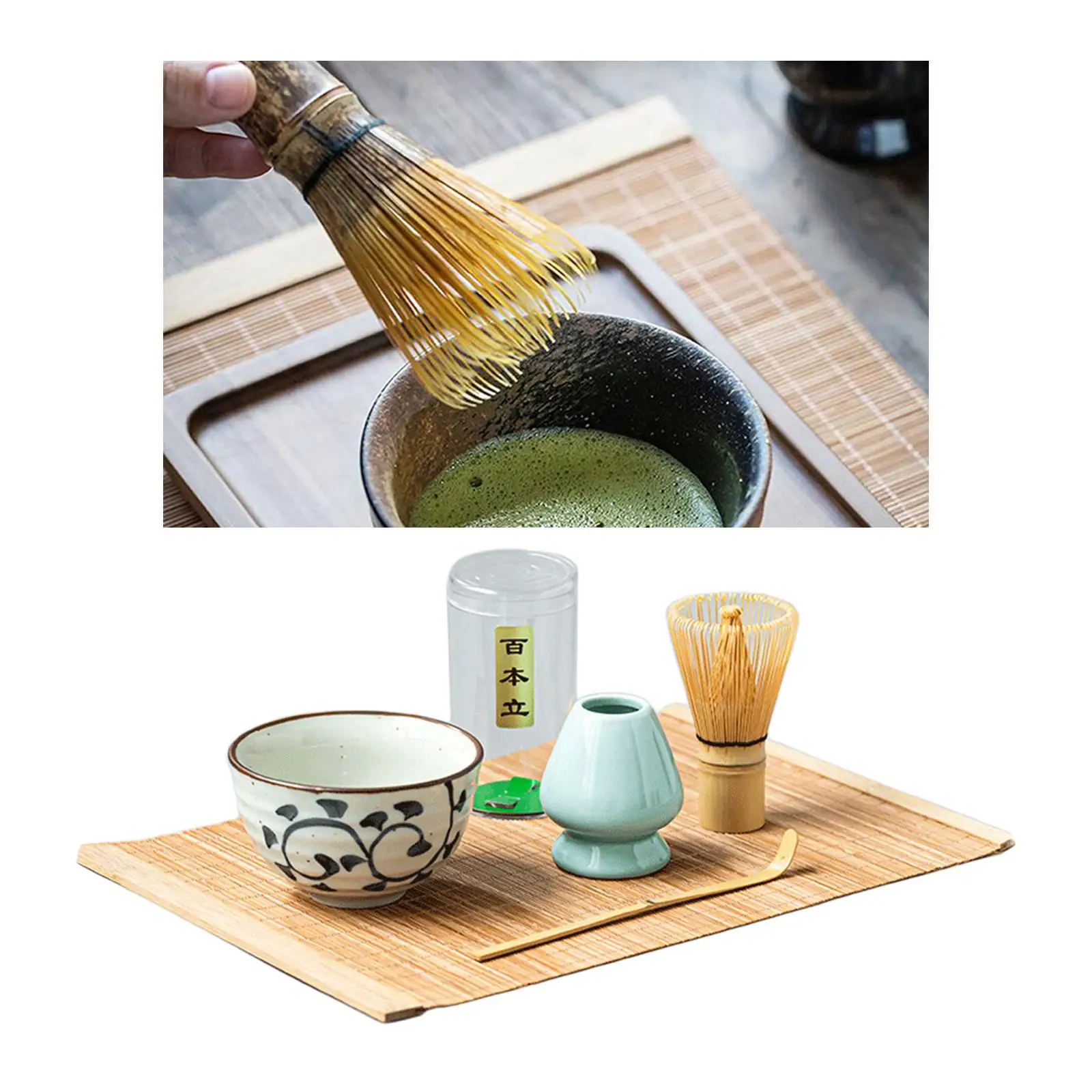 Matcha Whisk Set 5PC/1Set Premium Whisk (Chasen)+ Scoops (Chashaku)+ Tea Bowl+Mat +Stand Matcha Starter Set for Starter Ceremony