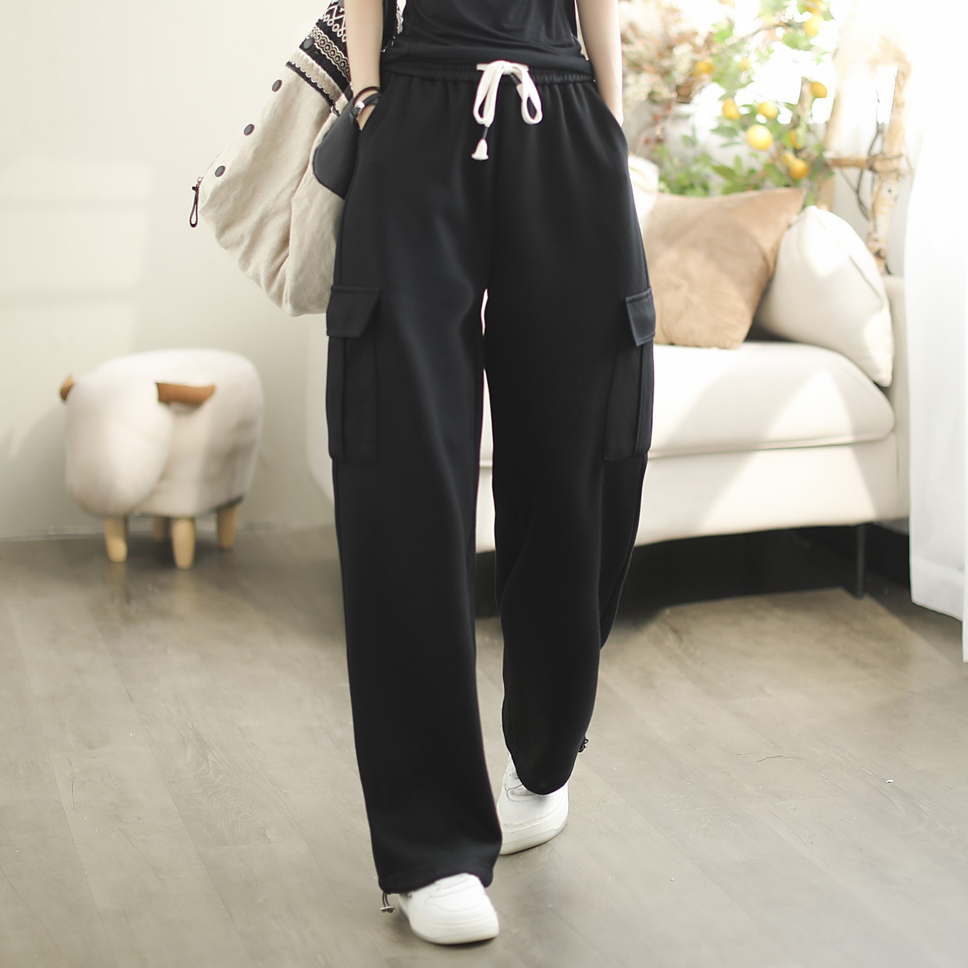 Simple All match Solid Color Loose Casual Working Pants Black - Shop at LoveMi